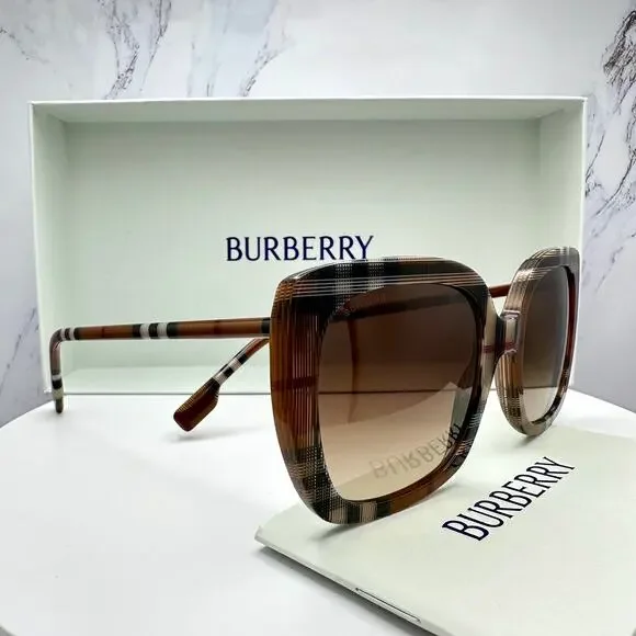 New Burberry Sunglasses Brown Check Square Frames Gradient Lens w/ Case BURBERRY - Picture 13 of 16